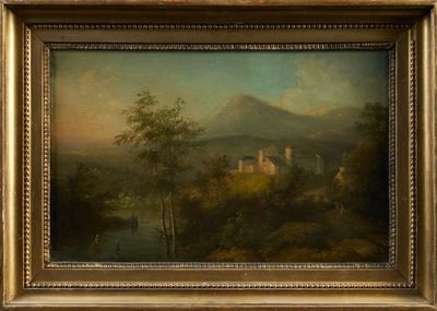an oil painting of a landscape with a castle in the distance