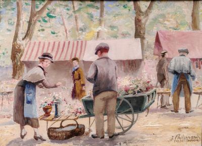 un tableau représentant un homme vendant des fleurs à une femme