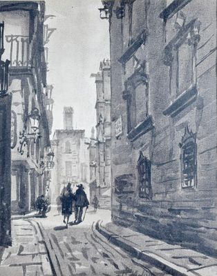 a drawing of a man riding a horse down a street