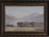 painting of a view of a lake and mountains with a sailboat in the distance