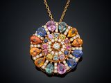 a close up of a necklace with multi colored stones on it