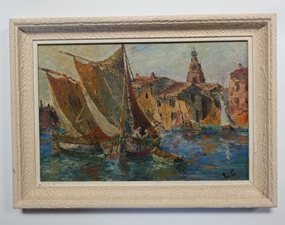 Ecole française du XXe siècle Voiliers dans un port méditerr…