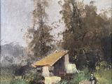 une image d'un tableau représentant une maison au bord d'une rivière