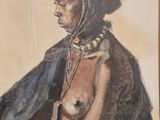 painting of a woman sitting on the ground with her hands on her chest