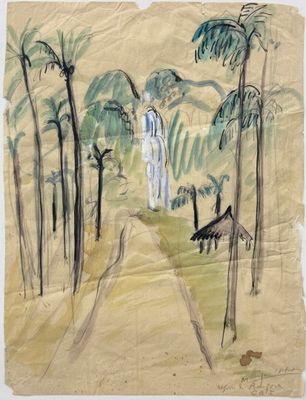 une image représentant un dessin d'un homme marchant sur un chemin de terre
