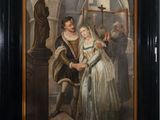 an oil painting of a man and a woman standing in front of a statue