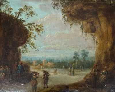 painting of a group of people standing around a river in a wooded area