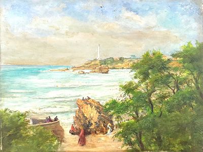 a painting of a woman walking down a path by the water
