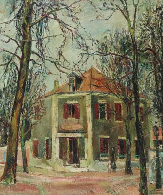 une peinture à l'huile représentant une maison au milieu d'un parc