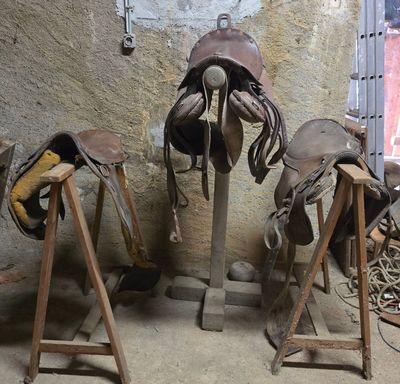 trois selles et un support à selle dans une pièce