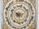 a close up of a square scarf with horses and carriages on it