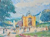 tableau représentant un tableau d'un bâtiment avec une fontaine au centre