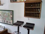 two stools in the corner of a room with a map on the wall