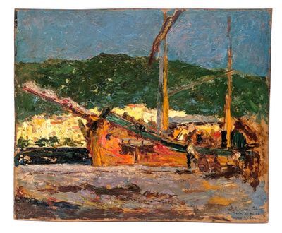 a painting of a boat in the water with people on it