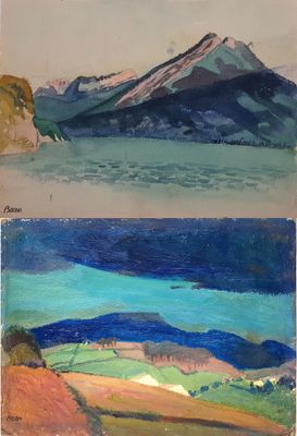 two paintings of mountains and a body of water