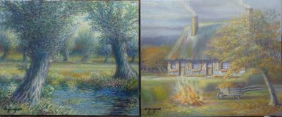 un tableau représentant un chalet dans les bois et un tableau représentant un banc dans les bois