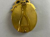 a gold medal with a frog on it on a white surface