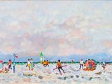 painting of people playing in the water at the beach