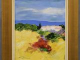 a painting of a yellow field with a house in the distance