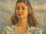 une peinture à l'huile représentant une femme en robe à pois