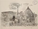drawing of a farm scene with a tractor, hay bale and a wagon