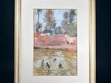 painting of a group of people wading in a body of water with palm trees in the background