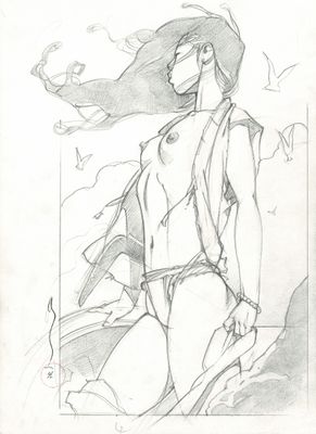 dessin au crayon représentant une femme en maillot de bain, avec un oiseau en arrière-plan