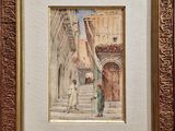 painting of a man and a woman walking down a street with a dog