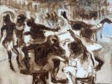 painting of a group of dogs walking down a street with a dog sitting on a bench