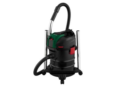 a black vacuum cleaner with a green and red handle