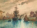 une peinture représentant une scène portuaire avec des bateaux dans l'eau