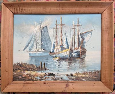 a picture of a painting of two boats in the water