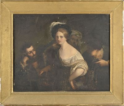 tableau représentant une femme en robe blanche entourée d'autres personnes