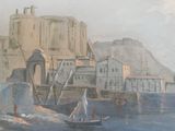 un tableau représentant un bateau sur l'eau près d'un château