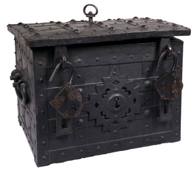 an old wooden box with a lock on it