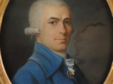 portrait of a man in a blue coat and white hair in a gold frame