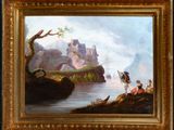 an oil painting of a man and woman fishing on a river with a castle in the background