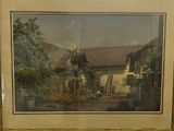 painting of a horse drawn carriage in front of a house