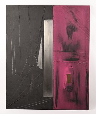 une image représentant un tableau d'un bâtiment rose et noir avec une fenêtre