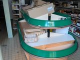 a large display in the middle of a store with boxes on it