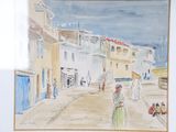 a picture of a painting of a woman walking down the street