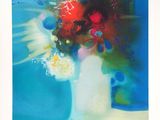 a painting of a vase of flowers on a table