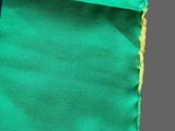 a close up of a green and blue blanket with yellow trims