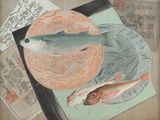 a painting of fish on a plate on a table