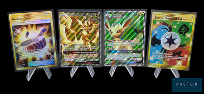 Quatre types différents de cartes Pokémon sont représentés sur un fond noir.