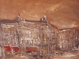une peinture à l'huile représentant un bâtiment surmonté d'une tour horloge