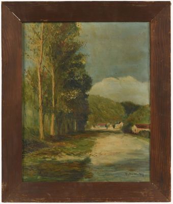 a painting of a river with trees and houses in the background