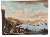 tableau représentant une vue d'un port avec des bateaux et des personnes sur le rivage
