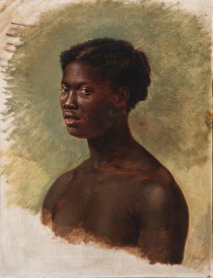 an oil painting of a woman with a black head and a white background