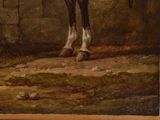 a painting of a horse that is standing in a barn